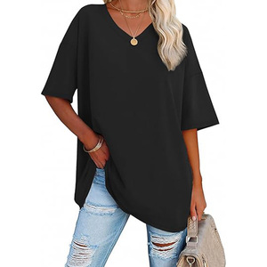 Camiseta Negra Oversize de Cuello en V para Mujer, Manga Corta, Corte Holgado, Color Sólido, Algodón Jersey, Estilo Casual Primavera Verano - Product Image 1