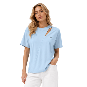 Camiseta de punto azul claro para mujer con aberturas, manga corta, corte holgado minimalista, top de algodón transpirable para primavera/verano - Product Image 1