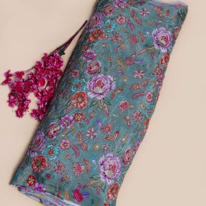 ผ้าไหมเครปสีเขียวเซจ ลายดอกโบตั๋นปักลายดอกไม้สไตล์ชนบท สำหรับชุดเคบายาในเอเชียตะวันออกเฉียงใต้และชุดเดรสสไตล์อังกฤษ - Product Image 2