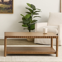 Table basse moderne en bois de manguier massif à deux niveaux avec plateau à bords festonnés, finition naturelle de haute qualité, table de salon