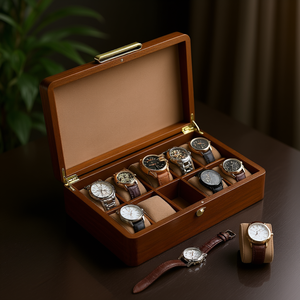 Boîte à montres en bois de luxe avec accents en cuir et coussin doux pour le rangement de bijoux, bagues et colliers - Product Image 2