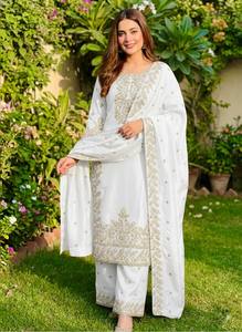 Ensemble Salwar en coton brodé blanc pour femmes, tenue traditionnelle indienne et pakistanaise pour mariage, coupe ample, longueur cheville - Product Image 4