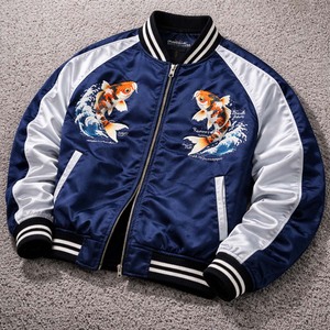 Chaqueta Sukajan de Marca Privada, Chaqueta Bomber de Satén Estilo Japonés con Bordado de Koi, Fabricante Mayorista - Product Image 1