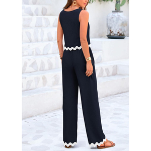 Ensemble 2 pièces d'été pour femme : débardeur court à volants et pantalon large bleu marine uni, respirant et tissé - Product Image 3