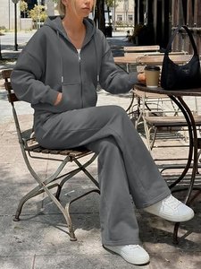 Conjunto de Sudadera con Capucha Gris, Oversize, de Algodón y Felpa, Casual, de Color Sólido, con Cierre, Pantalones Joggers, para Otoño, Unisex - Product Image 3