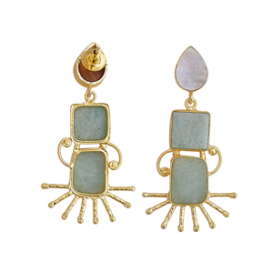 Boucles d'oreilles pendantes Laxmi Jewelers pour femmes, en amazonite et perle d'eau douce, laiton plaqué or 24 carats, design tendance, cadeau religieux hindou - Product Image 3
