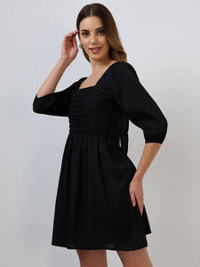 Vestido Formal Negro Ecológico con Estampado Sólido, Cuello Redondo Holgado, Mangas Abullonadas de Tres Cuartos, Largo hasta la Rodilla, Tela Georgette, Cintura Natural - Product Image 2