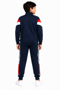 Ensemble de survêtement sportif pour enfants, hiver, à capuche, décontracté, bleu marine, rouge, blanc, blocs de couleurs, veste zippée intégrale, pantalon de survêtement respirant - Product Image 3