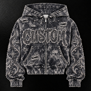 Men's Washed Distressed Rhinestone Zip Up Hoodie Letter Baroque <b>Y2K</b> Gothic Hip Hop <b>Streetwear</b> Sweatshirt - Product Image 1