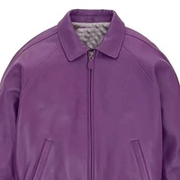 Blouson Bomber en Cuir Violet pour Homme, Col et Poignets Côtelés, Fermeture Éclair, Style Vintage Universitaire, Veste de Pilote, Idéal pour l'Automne