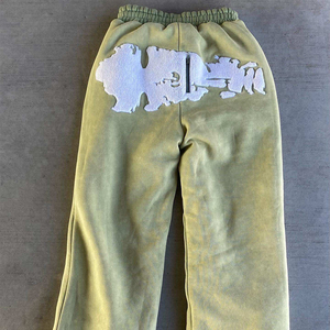 Pantalon décontracté à jambe large pour homme, 100% coton, style streetwear, avec logo imprimé en relief personnalisé, délavé à l'acide et orné de strass, qualité supérieure - Product Image 3