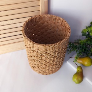 Rattan Storage Basket Cylindrical Woven Geometric Pattern Minimalist Decorative Indoor Household Use Open Top Wastes <b>Bin</b> - Product Image 2