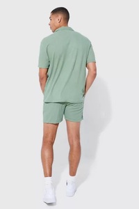 2023 ropa de playa 2 piezas conjuntos cortos transpirables tela de algodón botones personalizados camiseta y pantalones cortos - Product Image 4