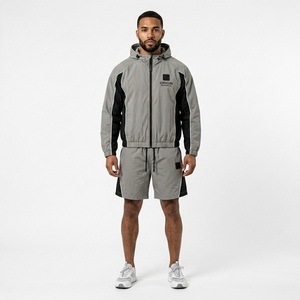 Unisex Lightweight Polyester/Nylon <b>Zip</b> Jacket Elastic Waist <b>Shorts</b> Set Waterproof Hooded Custom Logo Heat-Transfer Sportswear - Product Image 5