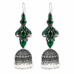 Wholesale Green Stone <b>Oxidized</b> Silver Jhumka Earrings for Women | Traditional Indian Ethnic Dangle Earrings | Handmade Jewelry - Product Image 3