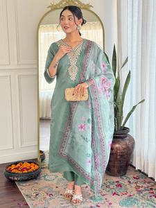 Green Rayon Quick Dry Spring Summer Autumn Knee-Length <b>Kurta</b> Set Embroidered Neckline Floral Dupatta <b>Women</b> Traditional Casual - Product Image 3
