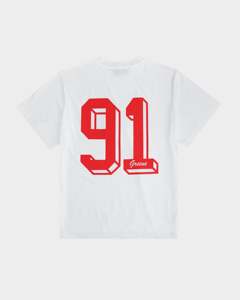 เสื้อยืดแขนสั้นสีขาวสำหรับผู้ชาย พิมพ์ลายโลโก้ตัวอักษรสีแดงด้านหน้า สไตล์ลำลอง คอกลม ผ้าฝ้ายเจอร์ซีย์ - Product Image 2