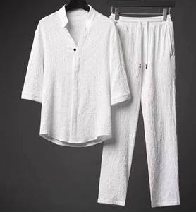 Men's Casual Two Piece Set Solid Color Cotton Shirt Pants Autumn Outfit V-Neck Breathable Woven Fabric - Product Image 4