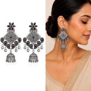 Large Quantity <b>Oxidized</b> Silver Ethnic Indian Bollywood Jhumka Antique Pear Cut Bezel Setting Women's Earrings Wholesale Supplier - Product Image 6