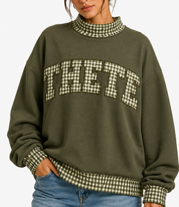 THETE Oversized Women's Crew Neck Sweatshirt With Plaid <b>Letter</b> <b>Applique</b> Design Autumn Casual Knitted Pullover - Product Image 5