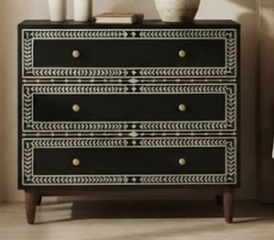 Handcrafted <b>Black</b> Bone Inlay Nightstand 3 Drawer Geometric <b>Bedside</b> <b>Table</b> for Home Decoration - Product Image 5