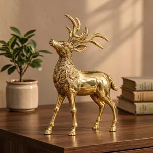 Statue de cerf en laiton artisanal avec bois de cerf gravé orné, finition dorée, sculpture animale en métal, objet décoratif - Product Image 1