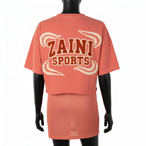 Camiseta Deportiva de Doble Capa para Mujer, de Algodón Jersey, con Panel de Malla Transpirable, Color Coral, Logotipo con Transferencia Térmica - Product Image 2