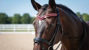 Fronture de luxe en cuir en forme de V avec cristaux rouges et strass faits main pour bride de cheval, équipement d'équitation et de concours - Product Image 6