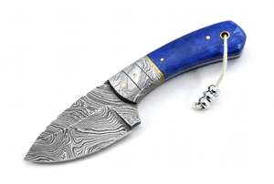 Herramienta utilitaria con mango de madera estabilizada azul vibrante y acero de Damasco fijo - Product Image 2