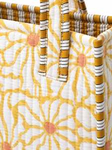 Quilted Striped Pattern Cotton <b>Tote</b> <b>Bag</b> Yellow <b>White</b> Zipper Closure Fashion Style All Seasons Use for Travel Shopping Beach - Product Image 3