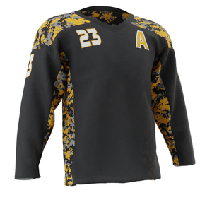 Jersey de Hockey sobre Hielo Personalizado para Hombre, Color Negro y Amarillo, Cuello Redondo, Manga Larga, Sublimado, Malla Transpirable, Absorbe la Humedad, Talla Adulto - Product Image 1