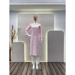 TRAVAIL DE BRODERIE SUR FIL DE RAYONNE À LA MODE KURTI AVEC PALAZZO BÉBÉ ROSE - Product Image 4