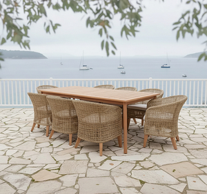 ชุดโต๊ะรับประทานอาหารกลางแจ้งไม้สักแท้ ทนทานต่อสภาพอากาศ เป็นมิตรกับสิ่งแวดล้อม พร้อมเก้าอี้หวายสังเคราะห์ ดีไซน์ทันสมัย เหมาะสำหรับสวน ลานบ้าน โรงแรม - Product Image 1