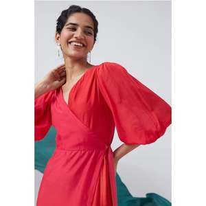 Robe mi-longue rouge pour femme, col en V, manches bouffantes, coupe trapèze, tenue décontractée pour soirée - Product Image 2