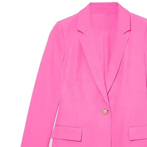 Blazer rose pour femme avec revers vert et boutons dorés, manches longues, couleur unie, col cranté, simple boutonnage, laine et polyester - Product Image 4