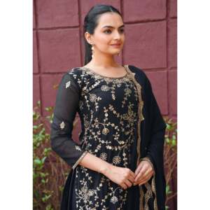 Designer Straight Shaped Chiffon Sharara Suit with Natural Waistline and Sequence Embroidered Work - Product Image 3