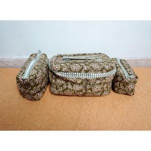 Elegant Handcrafted 3pc Quilted Vanity Pouch Set Organic Cotton Floral Motifs Water-Resistant Lining Multipurpose Storage Bags - Product Image 1