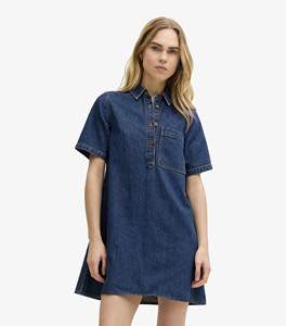 Robe décontractée en jean CONX pour le printemps, col en V, sans manches, séchage rapide, coupe trapèze mi-mollet, boutonnée, unie, 100 % coton, délavée à l'acide, vente en gros - Product Image 1