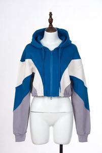 Women's Color Block <b>Cropped</b> <b>Zip</b> <b>Up</b> Hoodie Oversized Fleece Sweatshirt Casual Long Sleeve Hooded Streetwear Jacket - Product Image 4