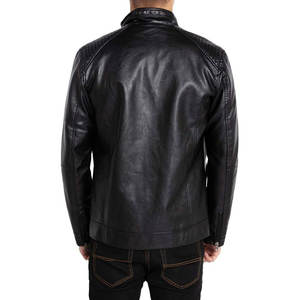 Chaqueta de cuero genuino con cremallera para hombre, abrigo de invierno con logo frontal, cuello mandarín, estilo casual ajustado. - Product Image 5