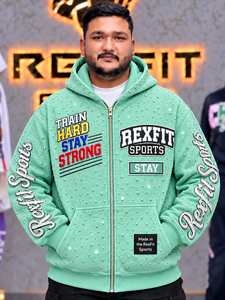 Sweat-shirt à capuche zippé en polaire respirant avec broderie personnalisée en strass, style streetwear épais, poches kangourou, unisexe - Product Image 1