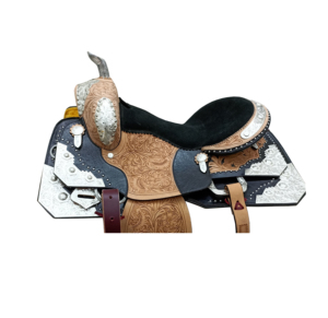 Selle de cheval Western en cuir tanné pour barrel racing, motif floral gravé à la main, motif argenté, assise en daim noir, de 10 à 18 pouces, fabricant indien - Product Image 4