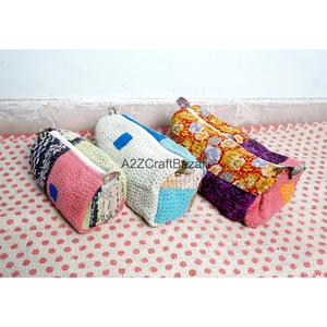 100% Pure Cotton Kantha Fabric Tassel Pattern Zipper Closure Eco-Friendly Durable Large Cosmetic Organizer Makeup Bag Pouch Set - Product Image 4