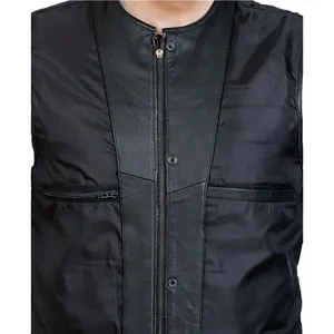 <b>Men</b>’s Club Style Black Leather Vest Collarless Motorcycle Biker Waistcoat with Sleek Minimal Design & Front Dual Closure - Product Image 3