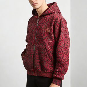 Sweat-shirts tendance pour hommes, couleur bordeaux, imprimé léopard, fermeture éclair, surdimensionnés, broderie léopard, paillettes, streetwear décontracté - Product Image 4