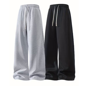 Lot de 2 pantalons décontractés pour hommes, coupe ample, jambe droite, tissu tricoté extensible doux avec taille réglable par cordon de serrage et poches latérales - Product Image 1
