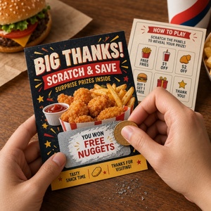 Tarjetas Rasca y Gana Personalizadas con Impresión a Todo Color, Tarjetas de Agradecimiento para Restaurantes de Comida Rápida, Promocionales, con Premios - Product Image 1