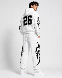 Custom Flame Screen Print <b>White</b> Oversized Hoodie And Sweatpants Set Streetwear 100% Cotton 400GSM Fabric <b>Tracksuit</b> For Wholesale - Product Image 5