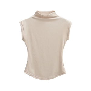 เสื้อยืดถักคอสูงแขนกุดสำหรับผู้หญิงทรงเข้ารูปสีทึบเสื้อลำลอง - Product Image 4