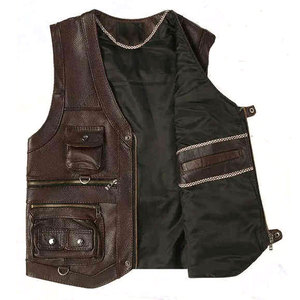 Gilet en cuir véritable SALVA pour homme, col en V, simple boutonnage, couleur unie, vêtement d'extérieur décontracté pour l'hiver, coupe classique, style motard - Product Image 3